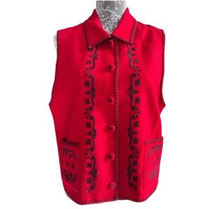 Talbots Boiled Red Wool Lined Vest Black Embroidery Trim Pockets Size L Holiday